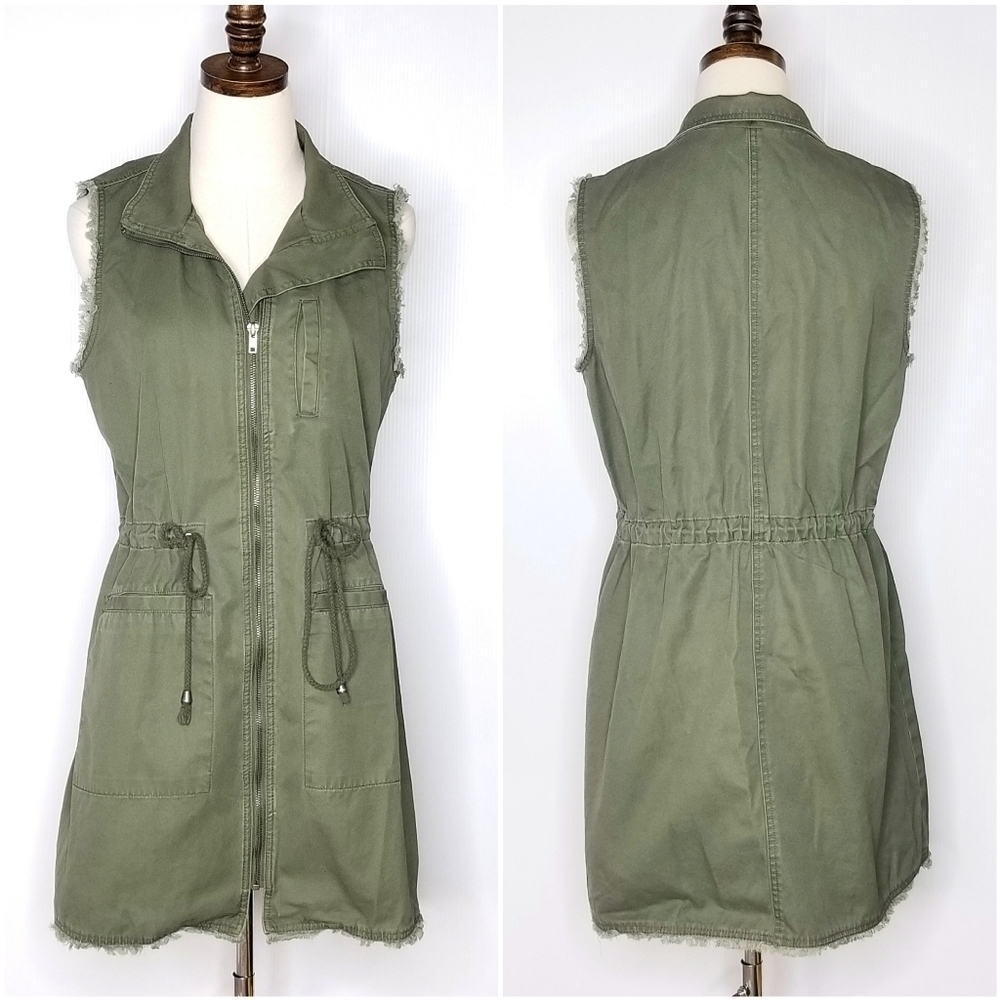 RO & DE Small Military Green Drawstring Loose Fit Vest Sleeveless Utility Jacket
